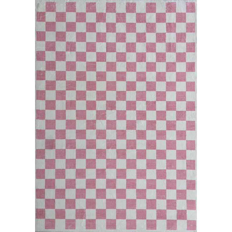 Tapis à motif de damier rose / blanc 7 pi x 10 pi (6 pi 7 po x 9 pi 6 po) Branch Jaque, Rectangulaire 7 pi x 10 pi