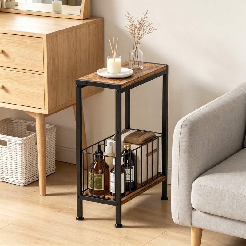 Table d'appoint étroite avec porte-revues, table de bout mince pour petits espaces, table de canapé compacte avec tablette de rangement, table de chevet pour salon, chambre à coucher, bureau
