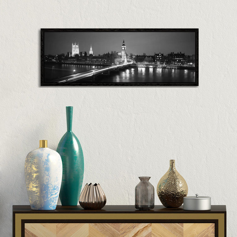 England, London, Parliament, Big Ben (black & White) by Panoramic Images - Floater Frame Panoramic Gallery-Wrapped Canvas Giclée on Canvas