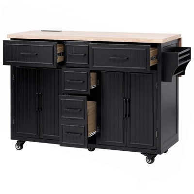 56.5" Embossed Vertical Stripe Kitchen Island With Drop Leaf, Power Outlet, 4 Doors, 5 Deep Drawers & Adjustable Shelves