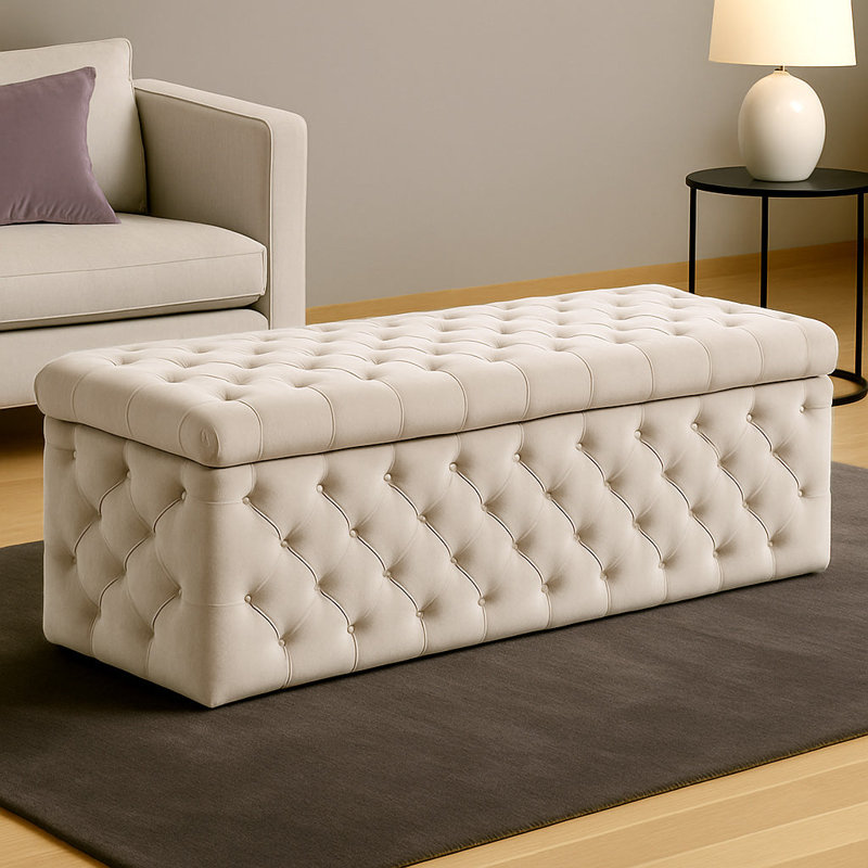 Lux Wide Velvet Chesterfield Rectangle Solid Color Standard Ottoman Box with Storage, 120cm W x 42cm D x 40cm H, Cream
