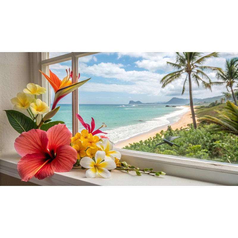 Hibiscus rivage à travers une fenêtre ouverte, H 20 po x l 40 po