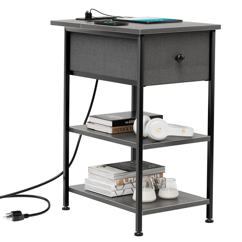 End Table with Drawer, Shelves and Charging Station, Side Table with USB Ports and Outlets, Bedside Table, Nightstand, Gray