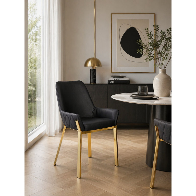 Ensemble de 2 fauteuils de salle à manger rembourrés capitonnés Pangea Home Hudson, Similicuir noir, Doré