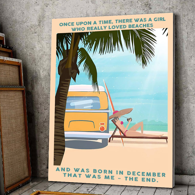 Une fille qui a vraiment adoré les plages peintes sur toile - Hobby Illustration Decor, bleu et jaune Home Decor