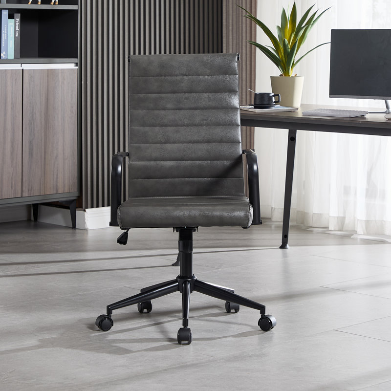 Amaiia Mid-Back Ribbed Upholstered Swivel Genuine Leather Ergonomic Office Desk Chair, Conference Chair