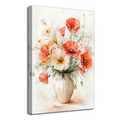 Red Poppy Wall Art Vintage Floral Picture Bouquet In Vase Painting White Red Orange Poppies Canvas Print Retro Rustic Flower Artwork Kitchen Bathroom Decor (24L X 16W)