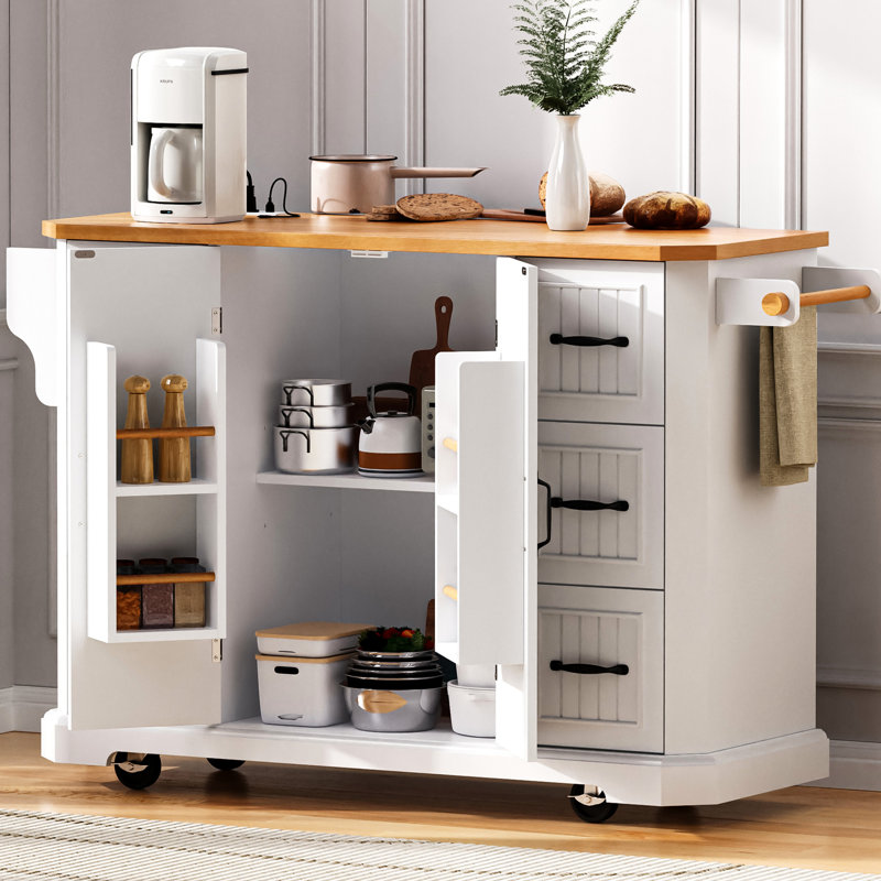 White Kitchen Storage Island With Power Outlet, 4 Door Shelves - Modern Functionality 55.5" X 36" Island, & Rubber Wood, Charging Station Functional