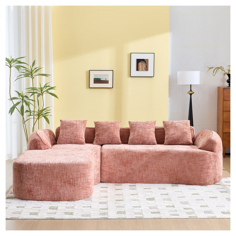 Pink Chenille L-Shaped Sectional Sofa with Foam and Spring Support, Compressed Packaging