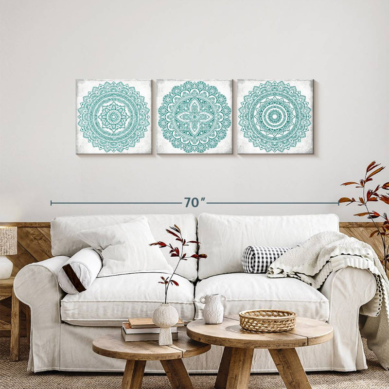 Ensemble de 3 mandalas vertes sur toile, H 18 po x l 57 po x P 1,25 po