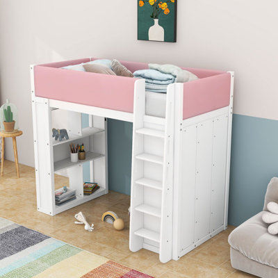 Lit mezzanine en bois à 2 tiroirs avec étagères, armoire intégrée, barrières de sécurité rembourrées et éclairage DEL