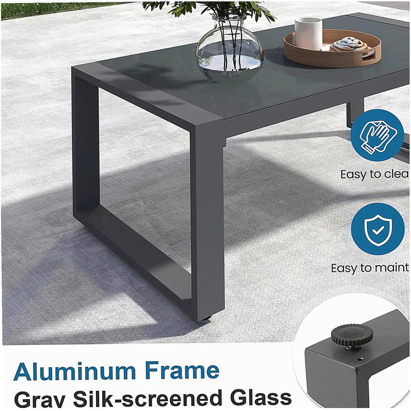 2-Piece 3-Seat Outdoor Sofa Couch Set, 75" All-Weather 3-Seat Aluminum Patio Sofa with Thick Gray Cushions  & 44" Glass Coffee Table