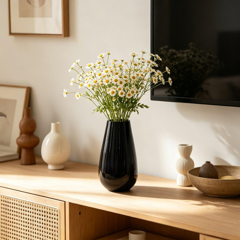 Hosley Black Glass Vase 8 Inch High Perfect for Kitchen, Bedroom, Living Room, Centrepieces, Office Desk Floral Arrangements