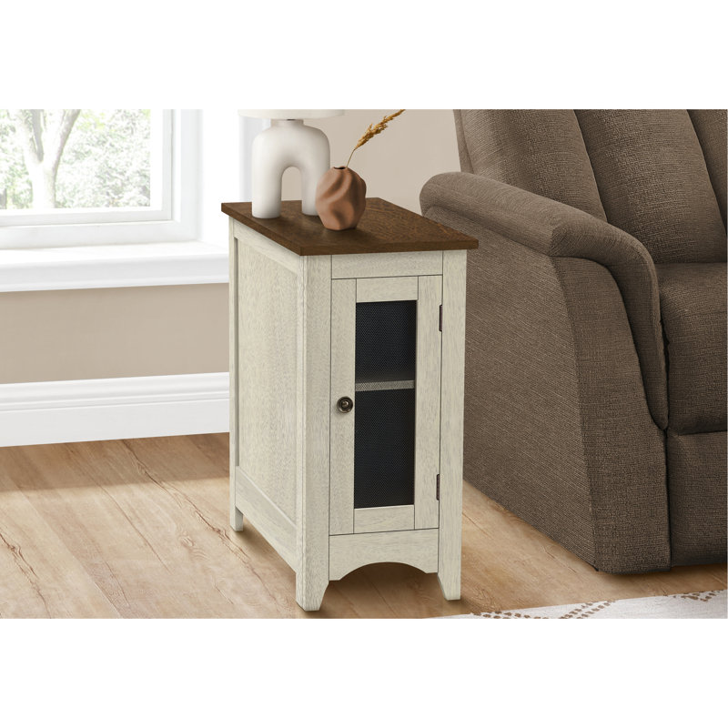 Table de bout de salon avec poignée en métal: placage blanc et brun antique, table d'appoint étroite, pratique et facile à assembler pour la chambre à coucher: rangement, bouton de décoration