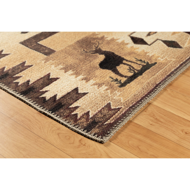 Machine Washable Area Rug Barclay Wildlife Deers Beige, Runner 2'2" H x 7'6" W