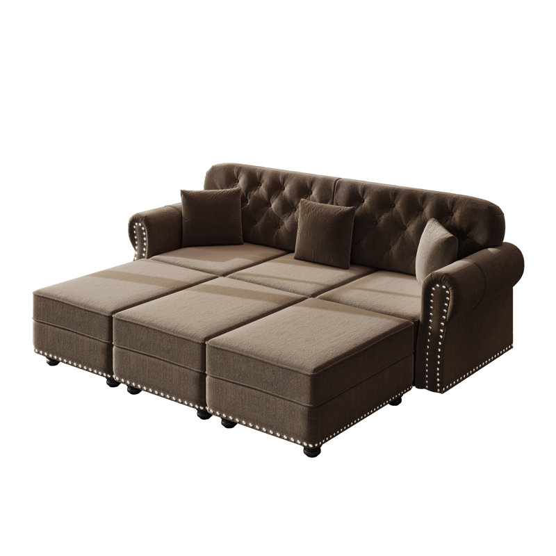 Canapé Chesterfield moderne de style Mid-Century rembourré en velours de 82,6 po avec garniture cloutée et capitonné, avec 2 coussins et 3 repose-pieds