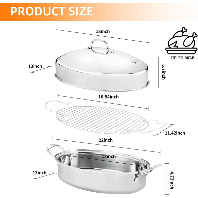 22" Stainless Steel Roasting Pan with Lid and Rack