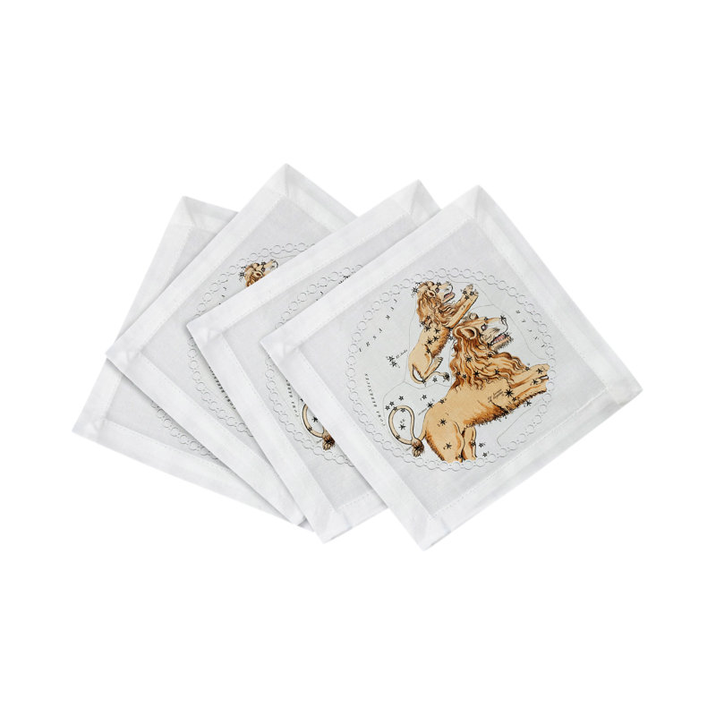 Zodiac Leo Cotton Sateen Cocktail Napkins, White