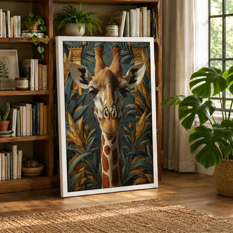 Giraffe with Golden Blooms Botanical - Wrapped Canvas, 24x16 - 61.0 x 40.6 cm, Cream Border