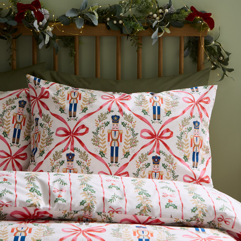 Christmas Duvet Cover Set, Super King Duvet Cover + 2 Standard Pillowcases, Christmas Nutcracker Bows
