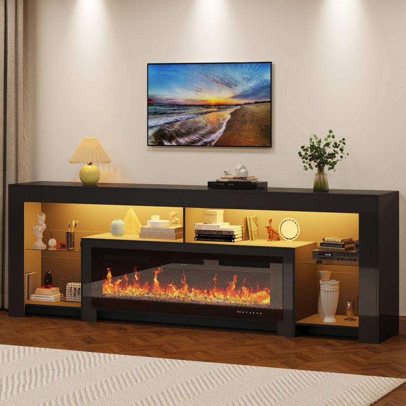 Aitan 83" Fireplace TV Stand For 85/90''TV With 50'' Fireplace And LED Lights, Black, 38"H x 83"L x 16"D, With Fireplace