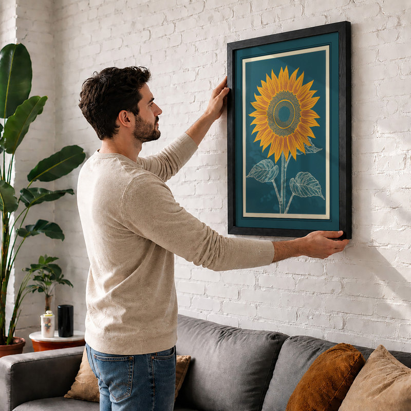 Sunflower In Teal Botanical - Print, Walnut, A1 - 84.1 x 59.4 cm