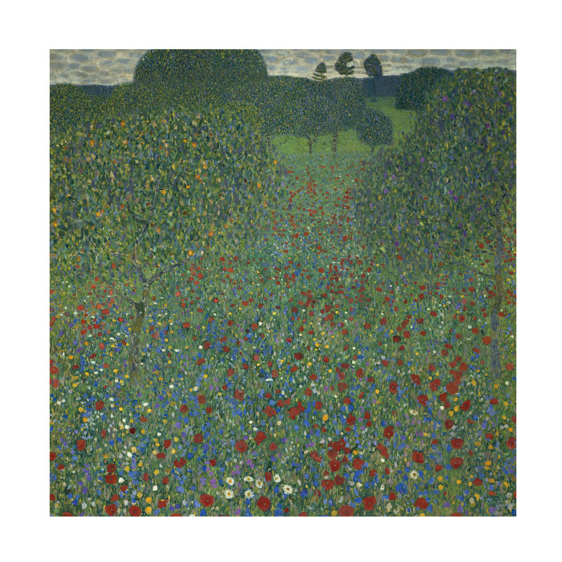 Toile tendue - Gustav Klimt «Field of Poppies 1907», art mural pour salon, chambre à coucher ou bureau - 24 x 24