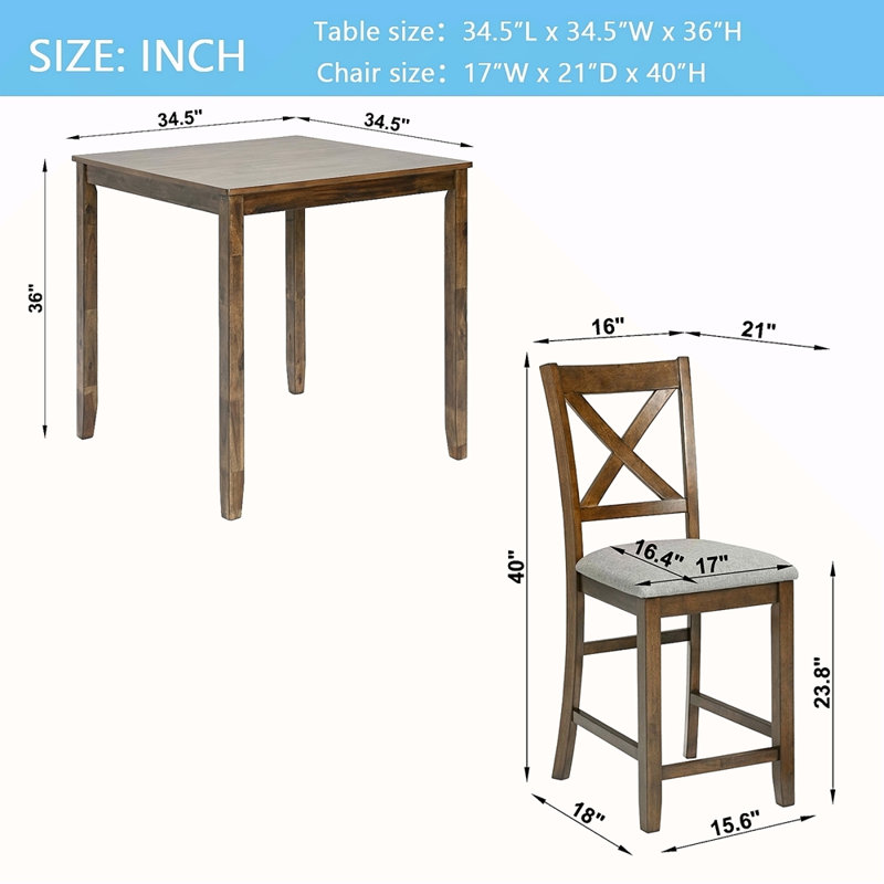 Ensemble de table de salle à manger 5 pièces, ensemble de table de salle à manger carrée en bois pour 4 personnes, ensemble de table de cuisine à hauteur de comptoir avec table carrée et 4 chaises rembourrées pour petit espace, noyer