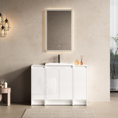 Meuble-lavabo autoportant de 122 cm avec lavabo en résine, 2 compartiments de rangement, portes à fermeture amortie, contreplaqué blanc brillant, cellules du système Blueprint, plan de conception de fermeture