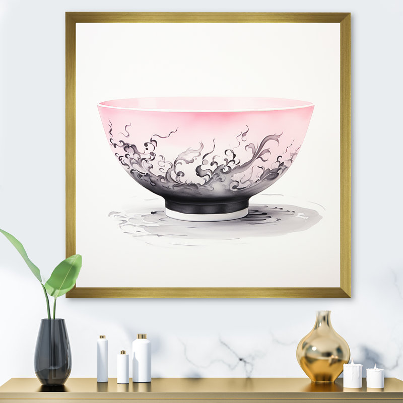 «Pink Chinese Teacup Delight III», art mural Chine, Cadre doré simple, H 36 po x l 36 po x P 1,5 po