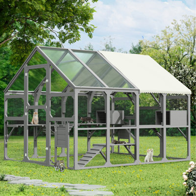 Grand enclos extérieur pour chat pour plusieurs chatons, maisonnette en bois pour chat avec 7 plateformes, 2 boîtes de repos, 1 pont et 1 rampe