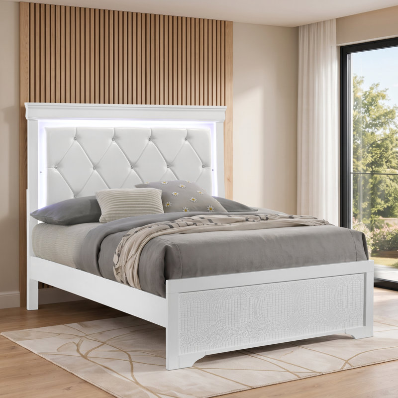 Mylhana Upholstered Standard Bedroom Set, White, 5 Pcs: Bed, 2 Dressers, Nightstand, Mirror, Queen