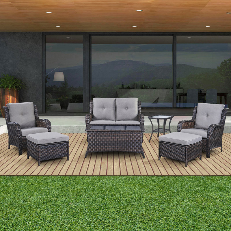 Schutt Wicker 4 - Person Patio Conversation Set with Cushions, Gray Cushion/Brown Frame