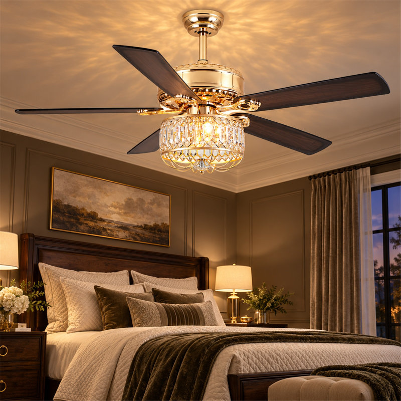 Ventilateur de plafond d'intérieur en cristal 52 "avec lumières et télécommande, Or