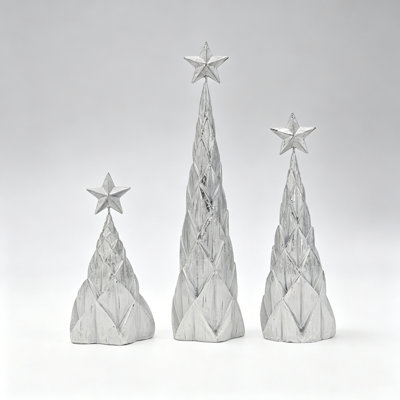 Ensemble de 3 figurines d'arbre de Noël en polyrésine avec des étoiles, décoration de table de table en feuille d'argent blanc, petit moyen grand assortiment, 4 x 4 x 16, 4 x 4 x 12, 4,5 x 4,5 x 8,8 pouces