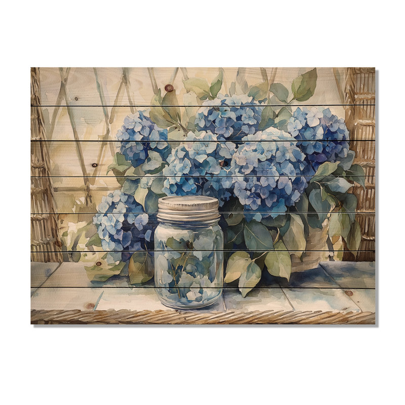 Hortensias et eucalyptus II - Art mural en bois d'hortensias - sur bois de pin naturel, H 10 po x l 20 po