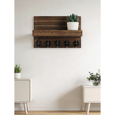 Porte-clés mural avec tablette, organisateur de vestibule décoratif pour clés, courrier, manteaux et sacs, porte-clés en bois robuste avec grands crochets et quincaillerie de fixation