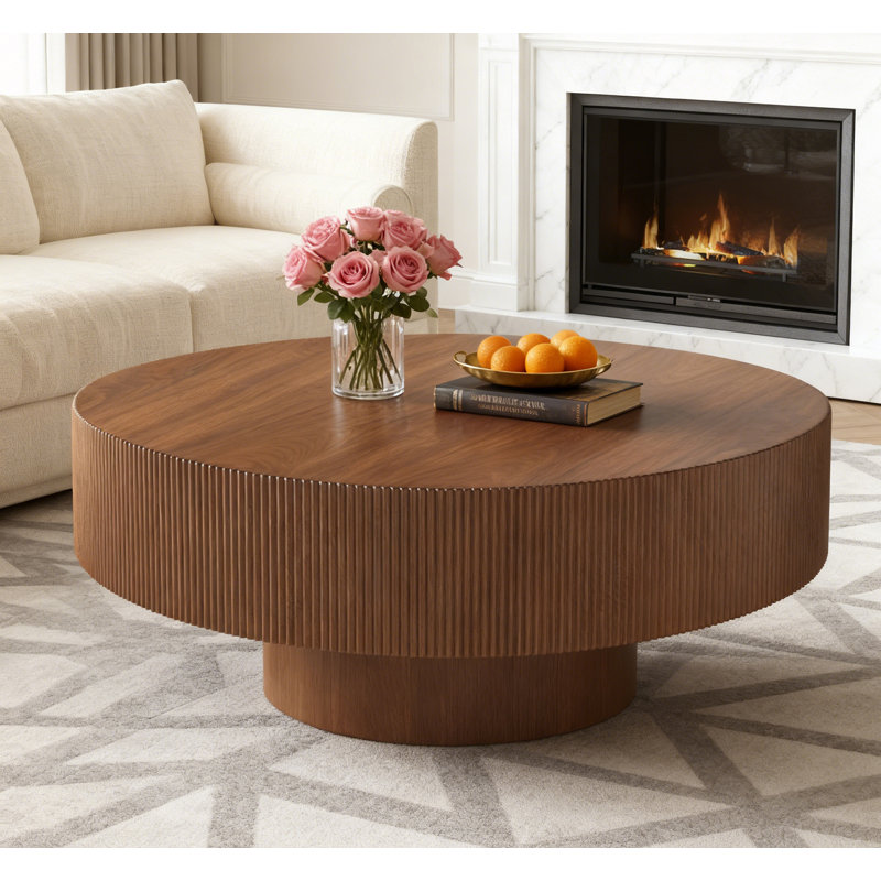 Table basse ronde avec plateau épais, H 16,7 po x L 35,4 po x l 35,4 po, Noyer