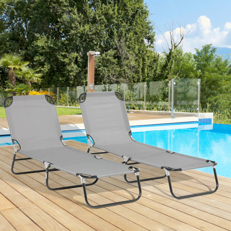 2 Piece Folding Chaise Lounge Pool Chairs, Outdoor Sun Tanning Chairs With 5-Level Reclining Back, Steel Frame For Beach, Yard, Patio