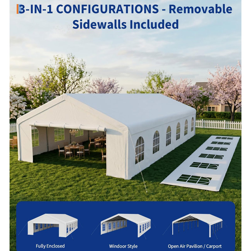 Auvent extérieur de 20 x 32 pi, structure en acier galvanisé, toit en PE imperméable, portes grillagées et enroulables, parois latérales amovibles avec fenêtres