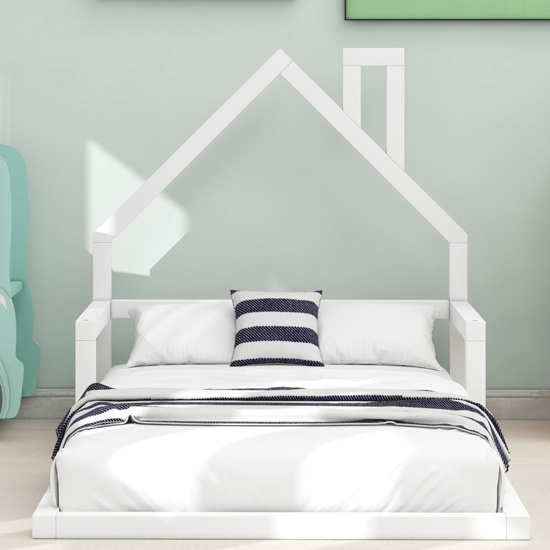 Lit simple au sol en bois, blanc - tête de lit en forme de maison pour lit confortable avec tête de lit attrayante, pin massif et bois massif, chambre chaude