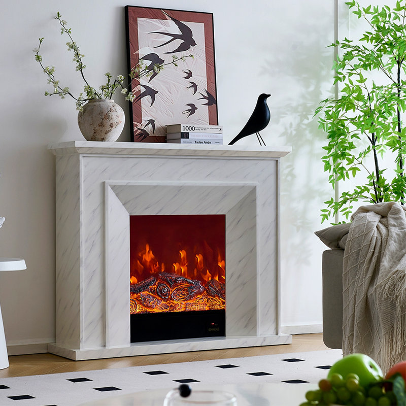 White Solid Wood Electric Fireplace