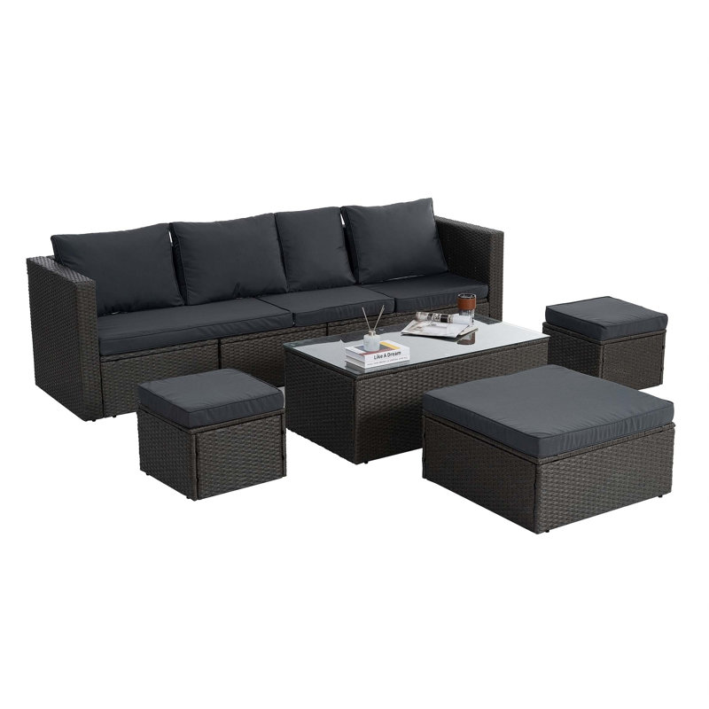 Ensemble de meubles en osier de patio pour l'extérieur, 7 pièces, Gris foncé / Gris