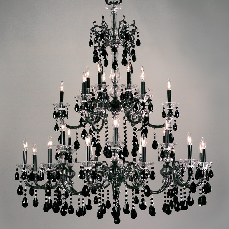 Lustre à niveaux multiples de style bougie 30 lumières via Lombardi, Noir crystalique, Pierre argentine