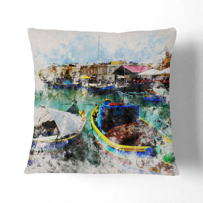 Fishing Boats in Malta Watercolour Scatter Cushion, 40cm H x 40cm W x 15cm D