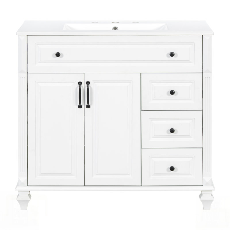 Bathroom Vanity With Sink, Solid Wood Cabinet, Flip Drawer, 3 Drawers & 2 Doors, Modern MDF Storage, White