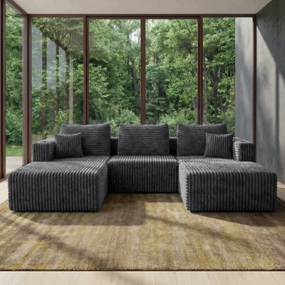  104" Wide U-Shaped 5-Piece Corduroy Modular Compression Sectional Sofa, Sectional Couch with 2 Ottomans, 5 Throw Pillows, Cup Holders and Side Storage Pocket for Living Room, No Assembly Roll-Pack Black/Gray/Blue/Green