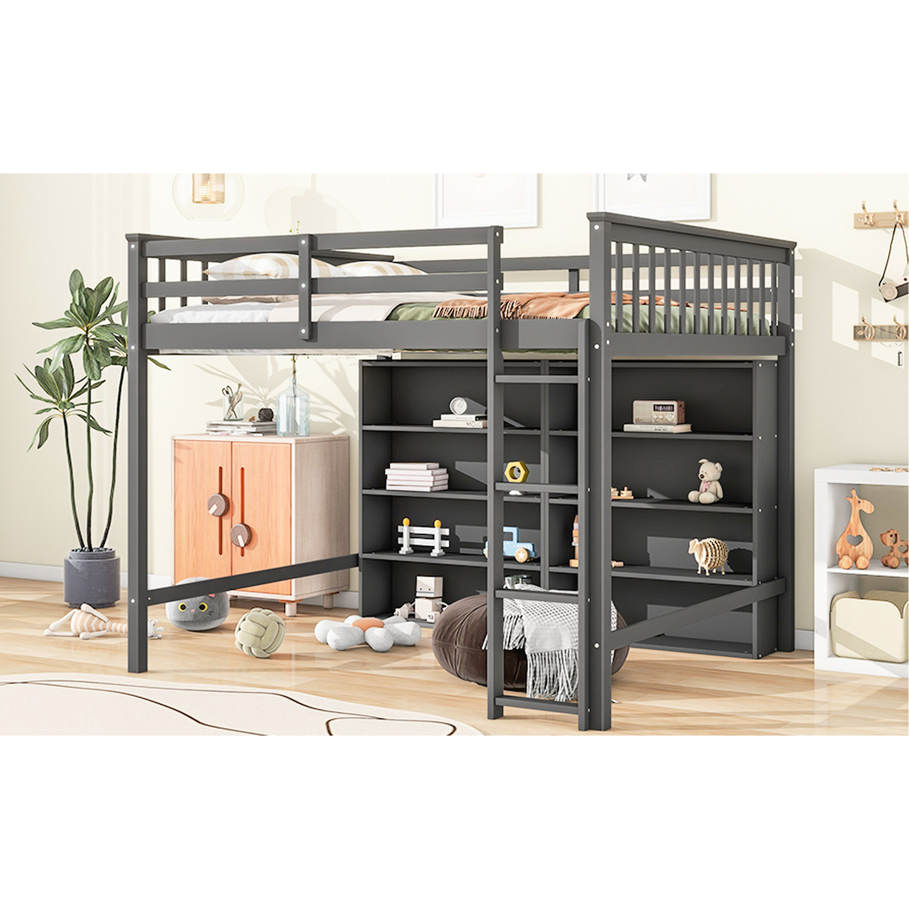 Latitude Run® Grey Twin Loft Bed With 8 Shelf Units - Stylish Bedroom ...