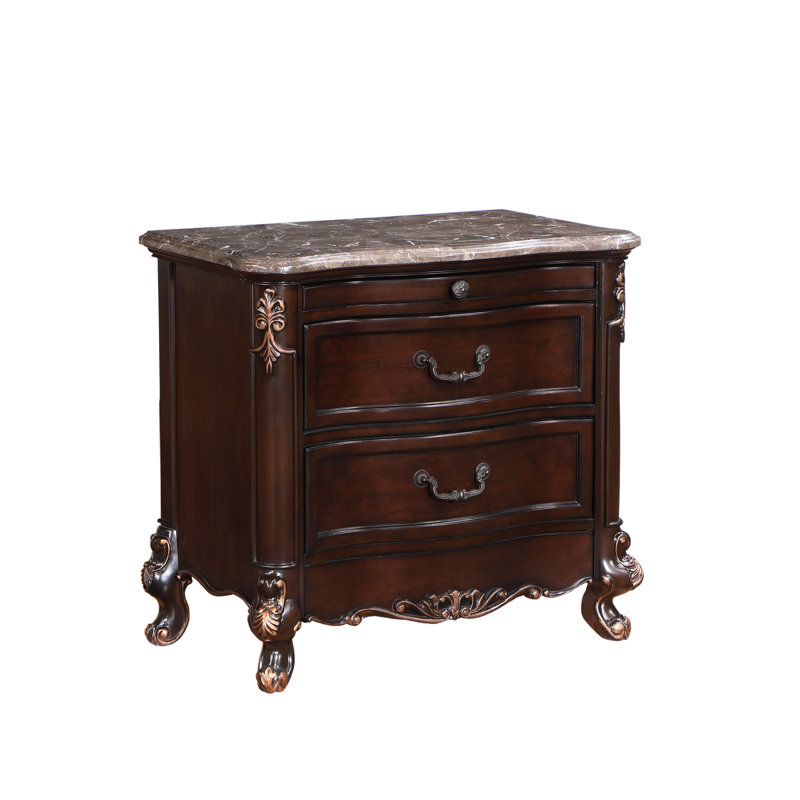 Constantine Dark Walnut and Marble Traditional 2-Drawer Nightstand
