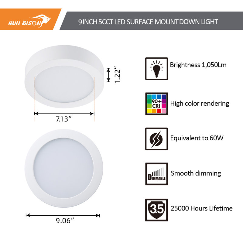 Plafonnier encastré rond à DEL intégré, Blanc, 9"